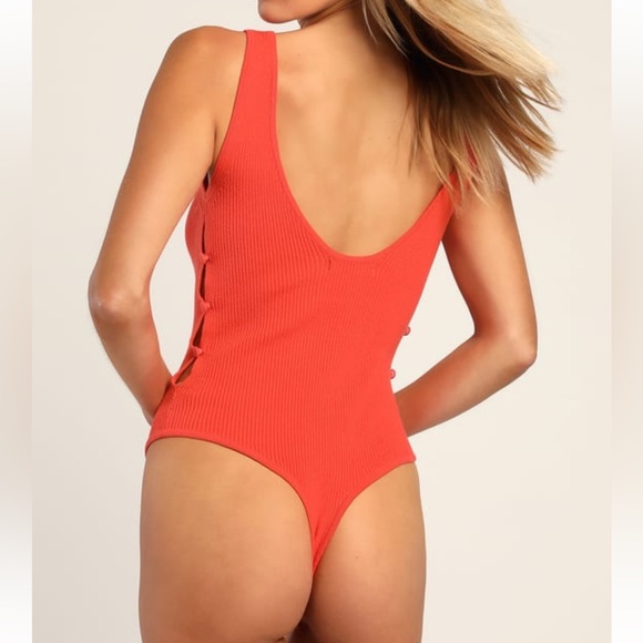 All Buttoned up Ribbed V-neck Bodysuit- Coral - Picture 5 of 7